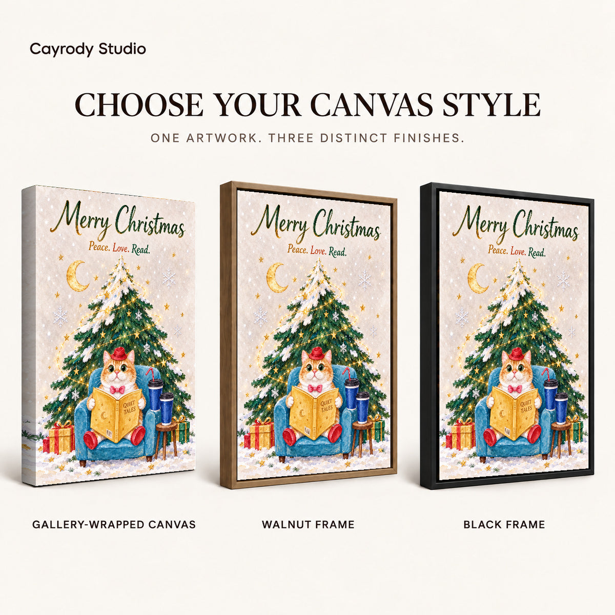 Christmas Reader canvas art comparing gallery wrapped canvas, walnut frame, and black frame finishes.