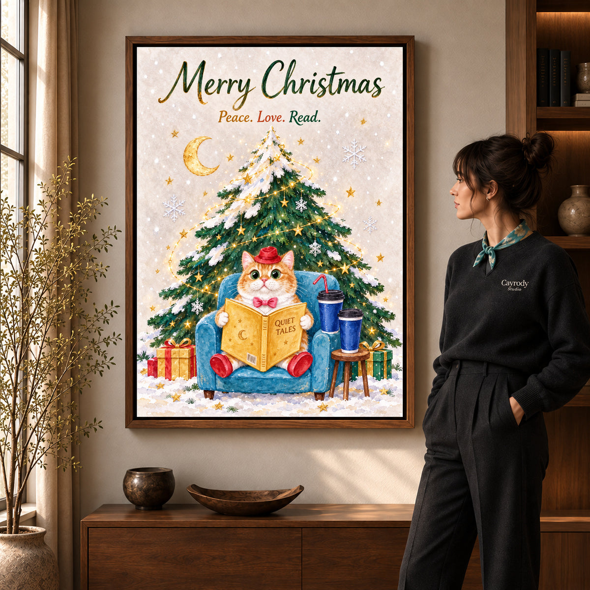 Walnut framed christmas reader canvas art shown beside a standing woman and a wooden console.