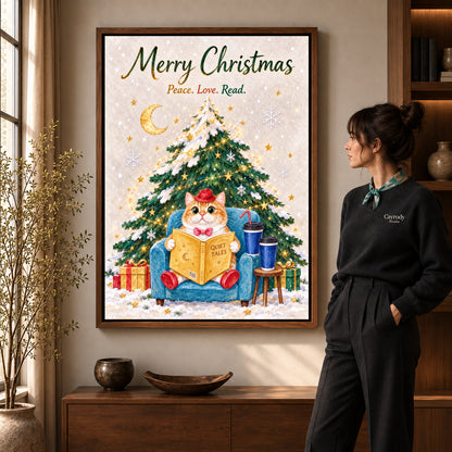 Walnut framed christmas reader canvas art shown beside a standing woman and a wooden console.