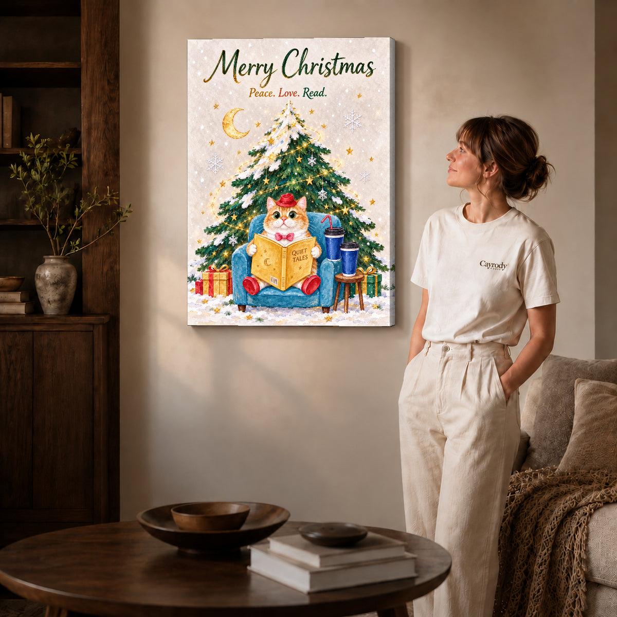 Gallery wrapped christmas reader canvas art with visible canvas edges beside a standing woman.