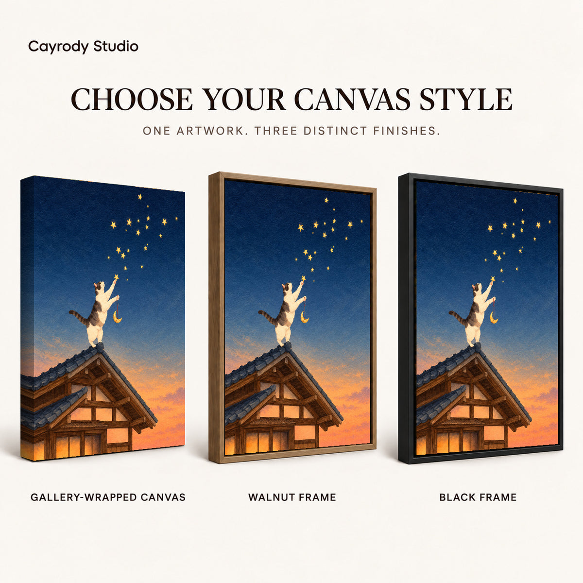 Stargazing Rooftop Cat canvas art comparing gallery wrapped canvas, walnut frame, and black frame finishes.