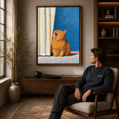 Yawning Orange Cat canvas art above a wooden console beside a seated man in a warm room.