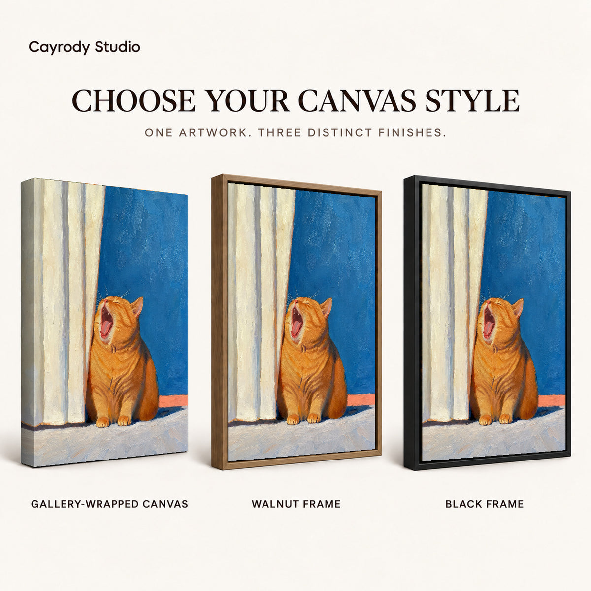 Yawning Orange Cat canvas art comparing gallery wrapped canvas, walnut frame, and black frame finishes.