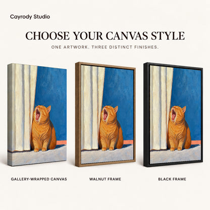 Yawning Orange Cat canvas art comparing gallery wrapped canvas, walnut frame, and black frame finishes.