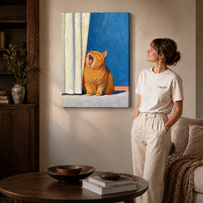 Gallery wrapped yawning orange cat canvas art with visible canvas edges beside a standing woman.
