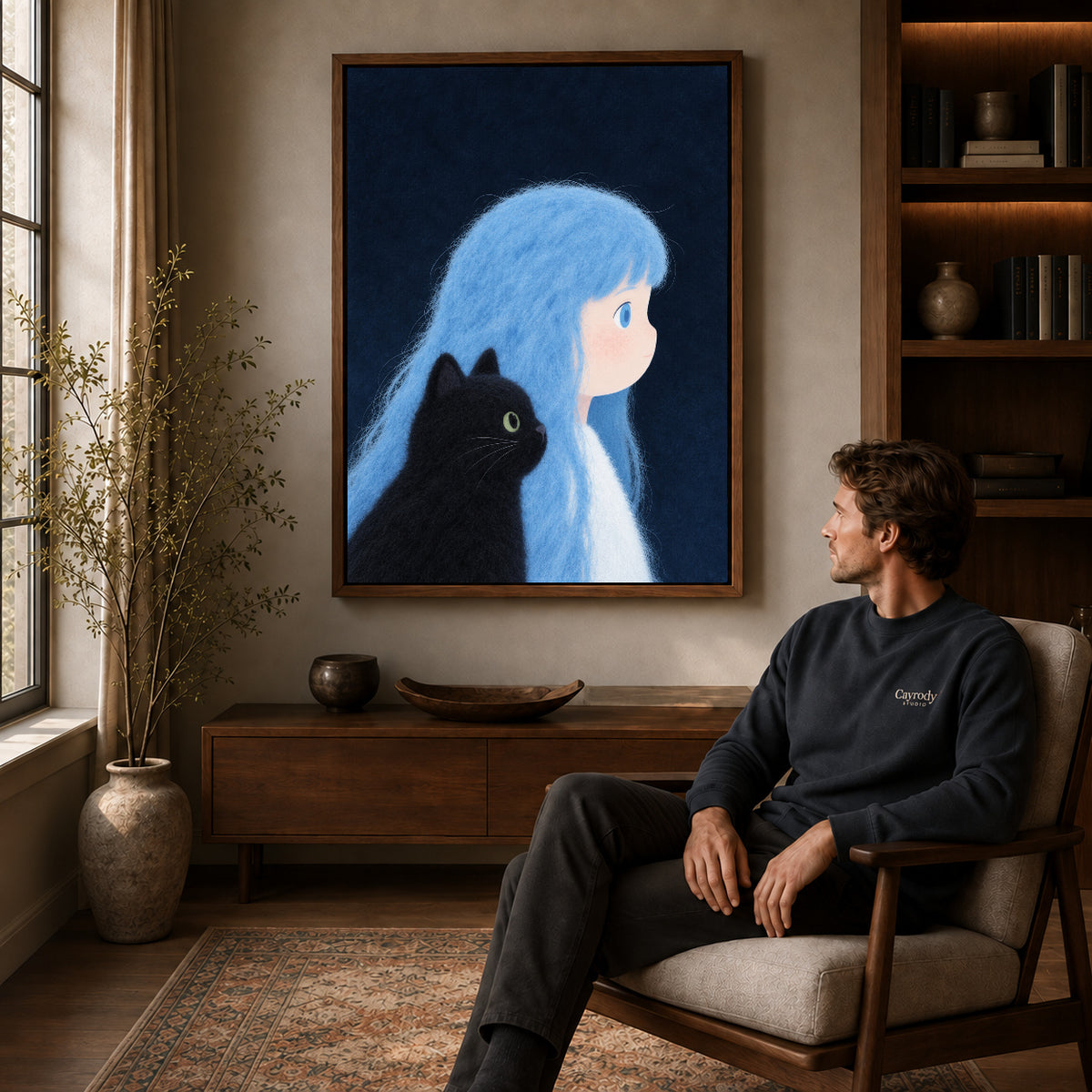 Blue Haired Companion canvas art above a wooden console beside a seated man in a warm room.