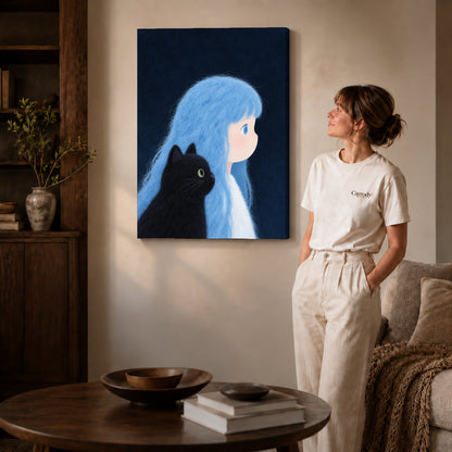 Blue Haired Companion canvas art displayed as gallery wrapped canvas beside a woman in natural light.