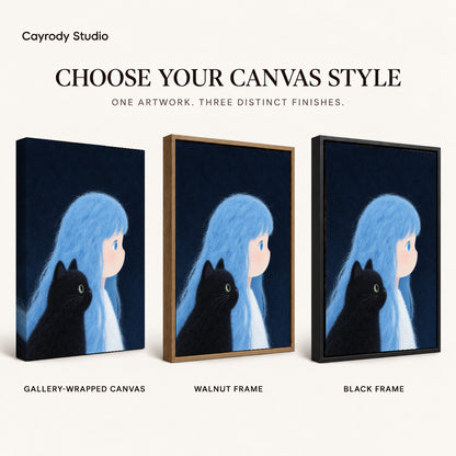 Blue Haired Companion canvas art comparing gallery wrapped canvas, walnut frame, and black frame finishes.