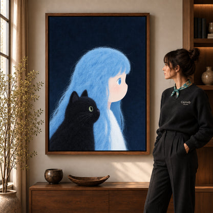 Walnut framed blue haired companion canvas art shown beside a standing woman and a wooden console.