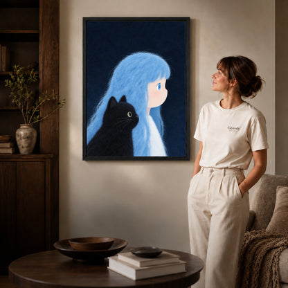 Black framed blue haired companion canvas art displayed beside a woman in a warm living room.