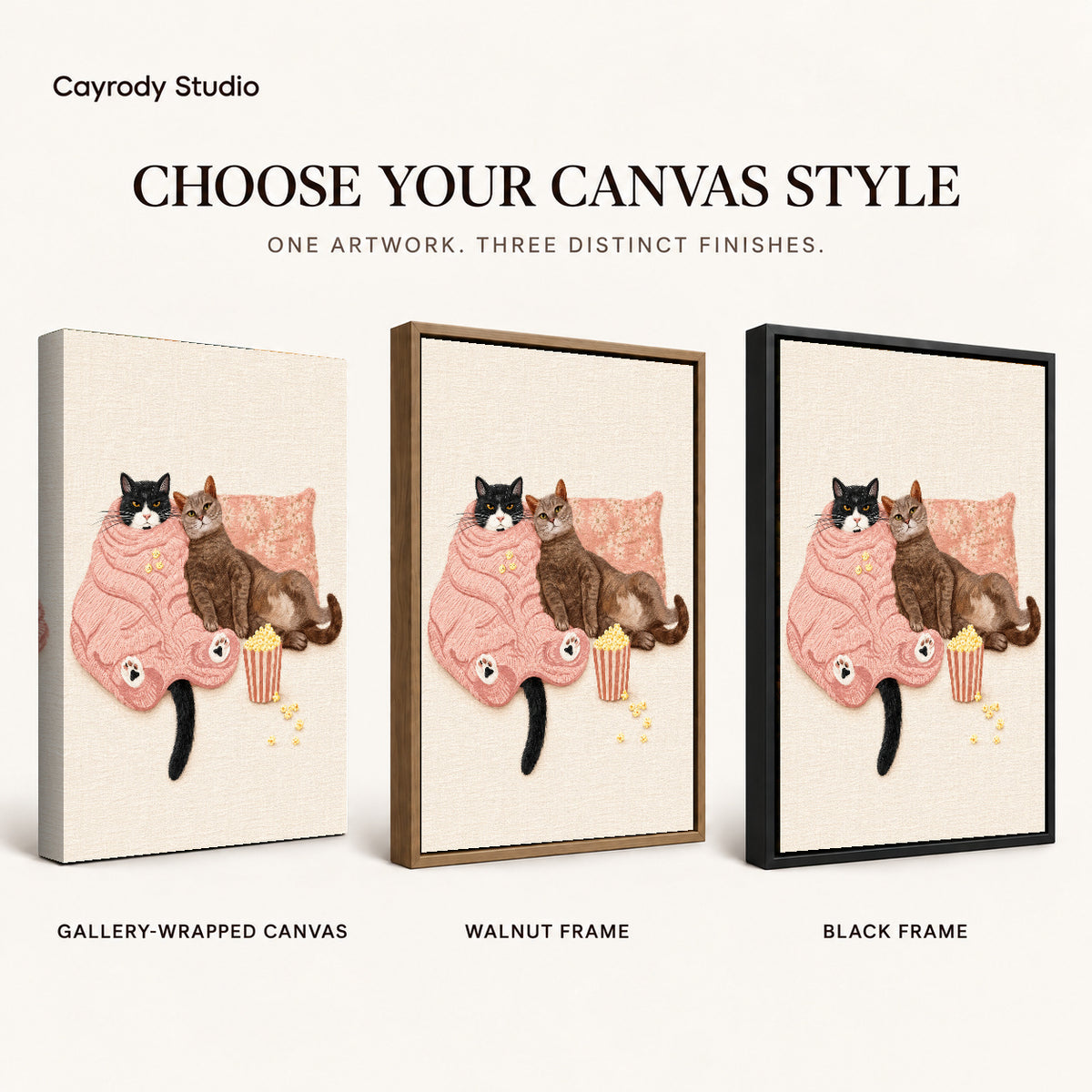 Cozy Movie Cats canvas art comparing gallery wrapped canvas, walnut frame, and black frame finishes.