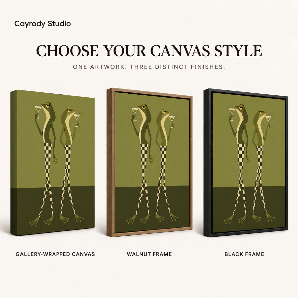 Martini Frogs canvas art comparing gallery wrapped canvas, walnut frame, and black frame finishes.