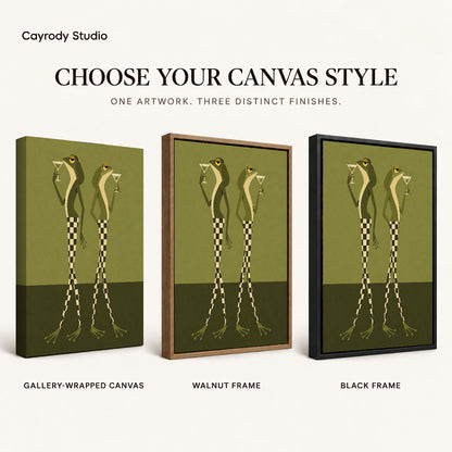 Martini Frogs canvas art comparing gallery wrapped canvas, walnut frame, and black frame finishes.