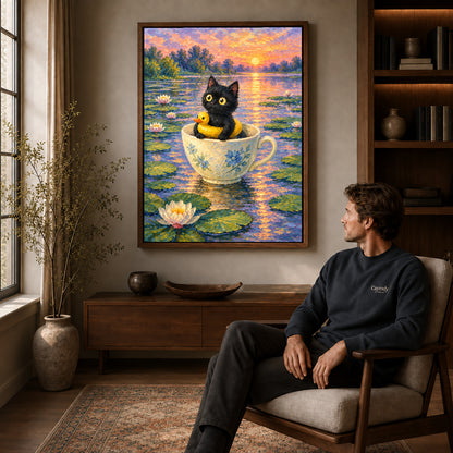 Teacup Pond Kitten canvas art above a wooden console beside a seated man in a warm room.