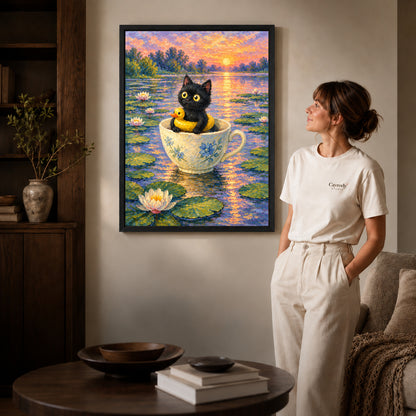 Teacup Pond Kitten canvas art in a black frame above books in a welcoming living room.