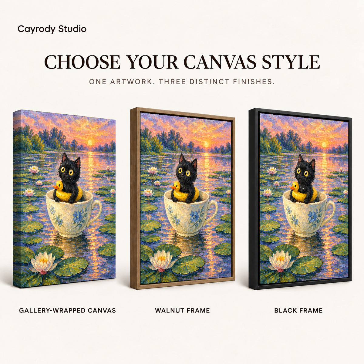 Teacup Pond Kitten canvas art comparing gallery wrapped canvas, walnut frame, and black frame finishes.