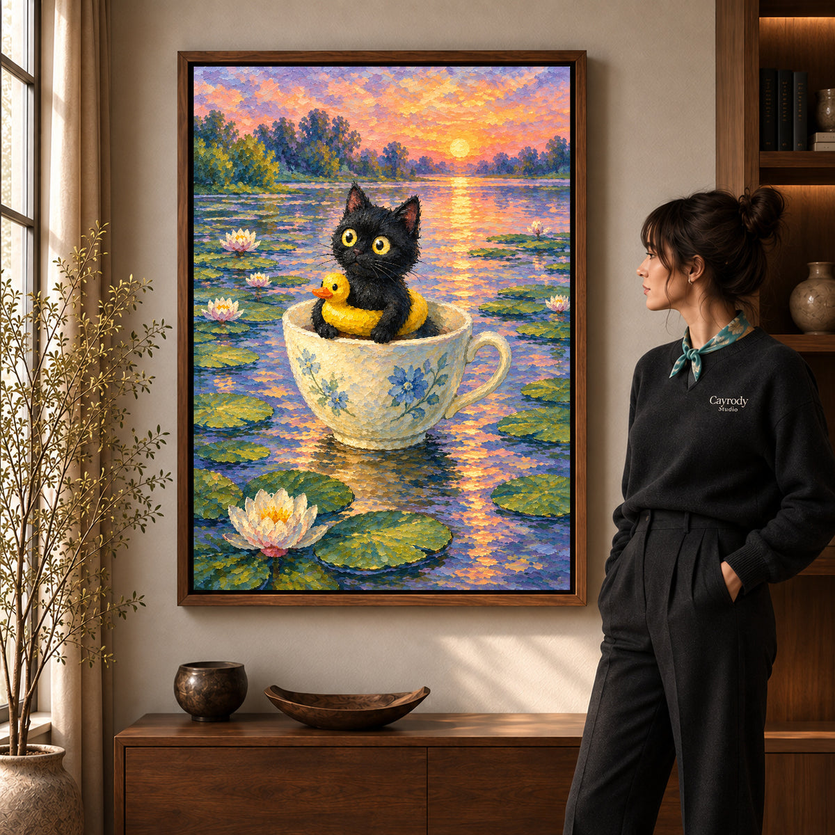 Walnut framed teacup pond kitten canvas art shown beside a standing woman and a wooden console.
