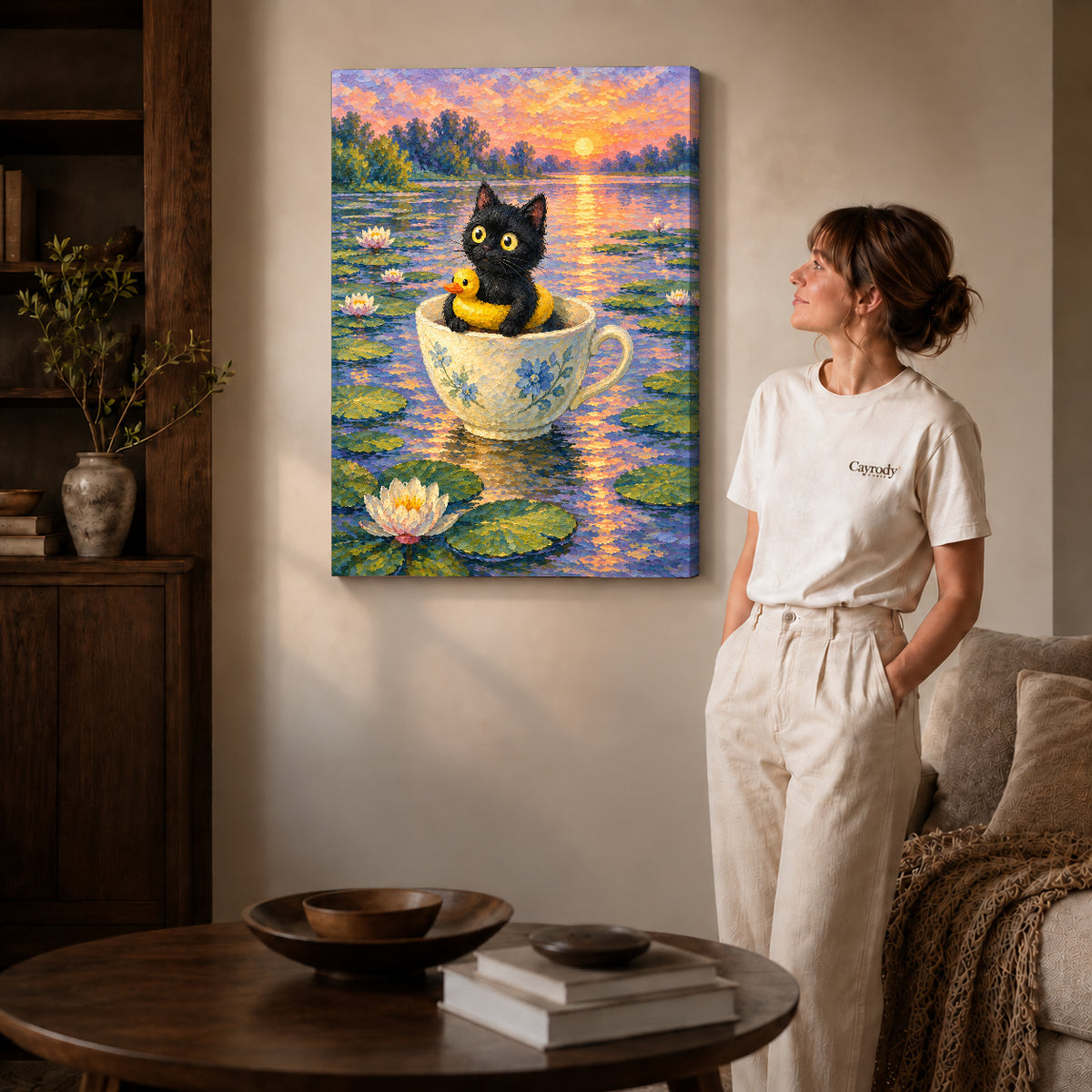 Gallery wrapped teacup pond kitten canvas art with visible canvas edges beside a standing woman.