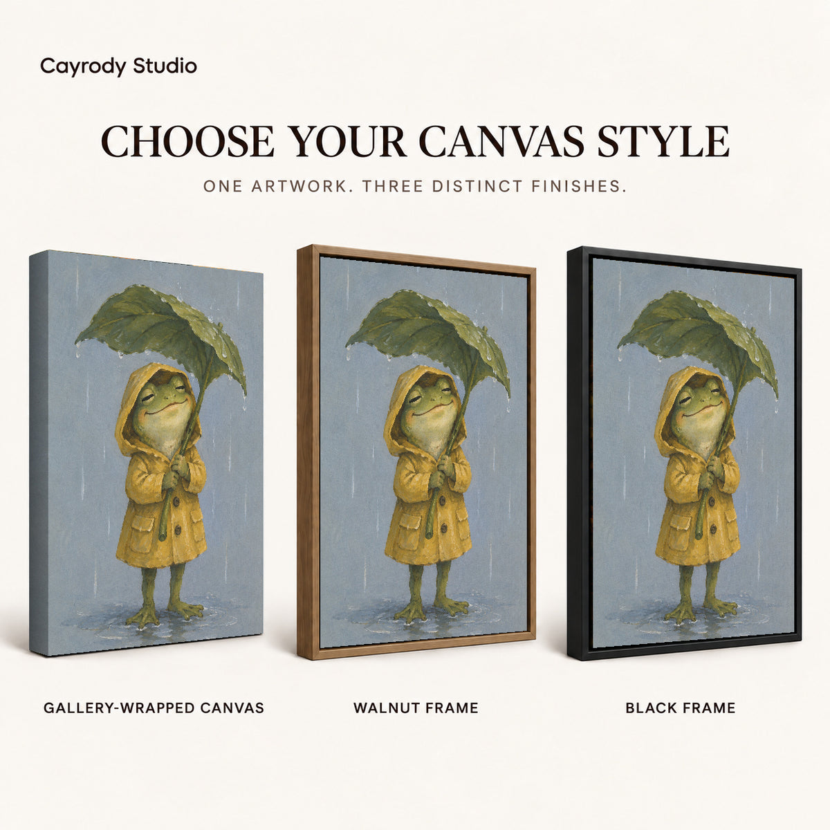 Raincoat Frog canvas art comparing gallery wrapped canvas, walnut frame, and black frame finishes.