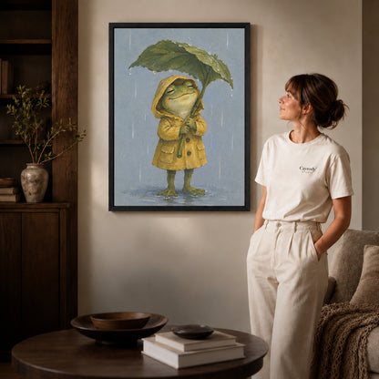 Black framed raincoat frog canvas art displayed beside a woman in a warm living room.