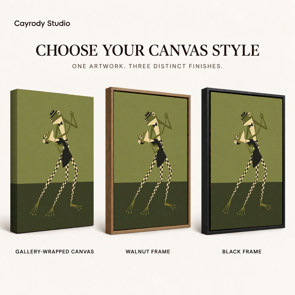 Dancing Frogs canvas art comparing gallery wrapped canvas, walnut frame, and black frame finishes.