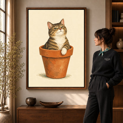 Flowerpot Cat canvas art in a walnut frame beside a standing woman and wooden console.