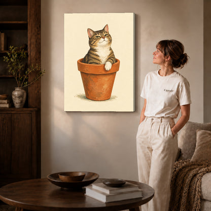 Flowerpot Cat canvas art displayed as gallery wrapped canvas beside a woman in natural light.