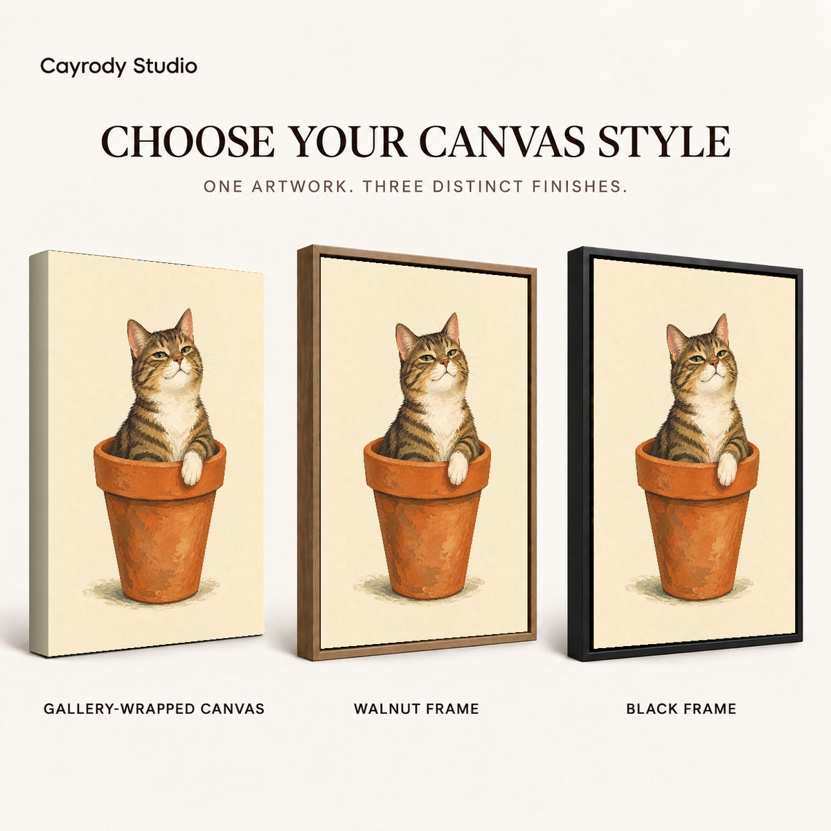 Flowerpot Cat canvas art comparing gallery wrapped canvas, walnut frame, and black frame finishes.