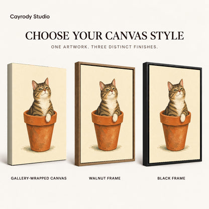 Flowerpot Cat canvas art comparing gallery wrapped canvas, walnut frame, and black frame finishes.