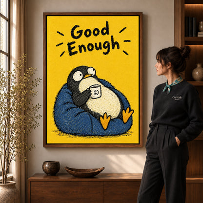 Resting Penguin canvas art in a walnut frame beside a standing woman and wooden console.