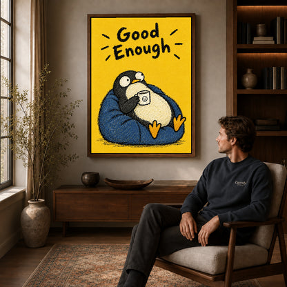 Resting Penguin canvas art above a wooden console beside a seated man in a warm room.