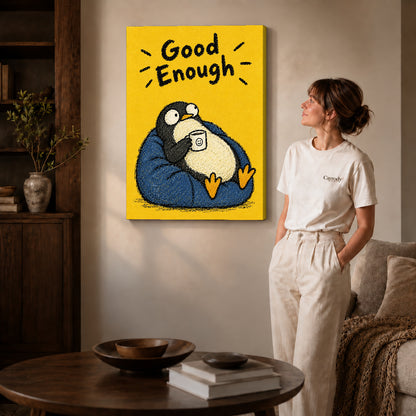 Resting Penguin canvas art displayed as gallery wrapped canvas beside a woman in natural light.