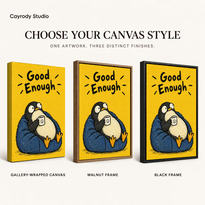 Resting Penguin canvas art comparing gallery wrapped canvas, walnut frame, and black frame finishes.