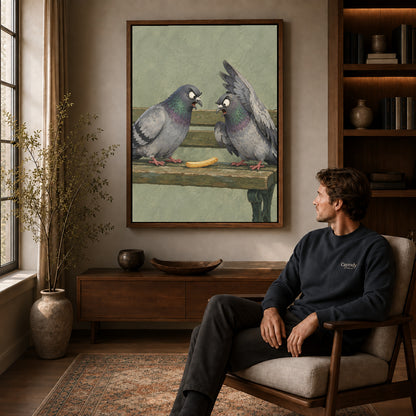 Snack Pigeons canvas art above a wooden console beside a seated man in a warm room.
