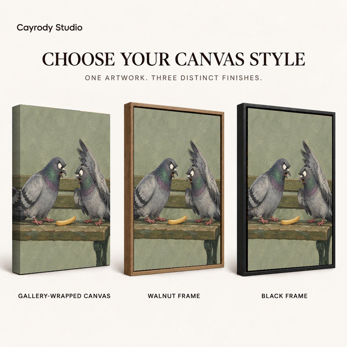Snack Pigeons canvas art comparing gallery wrapped canvas, walnut frame, and black frame finishes.