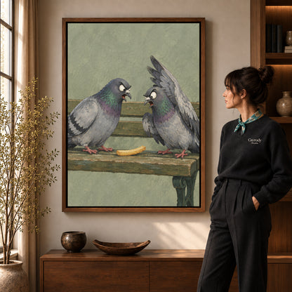 Walnut framed snack pigeons canvas art shown beside a standing woman and a wooden console.