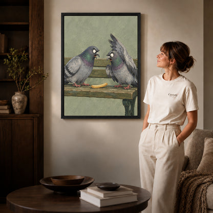 Black framed snack pigeons canvas art displayed beside a woman in a warm living room.