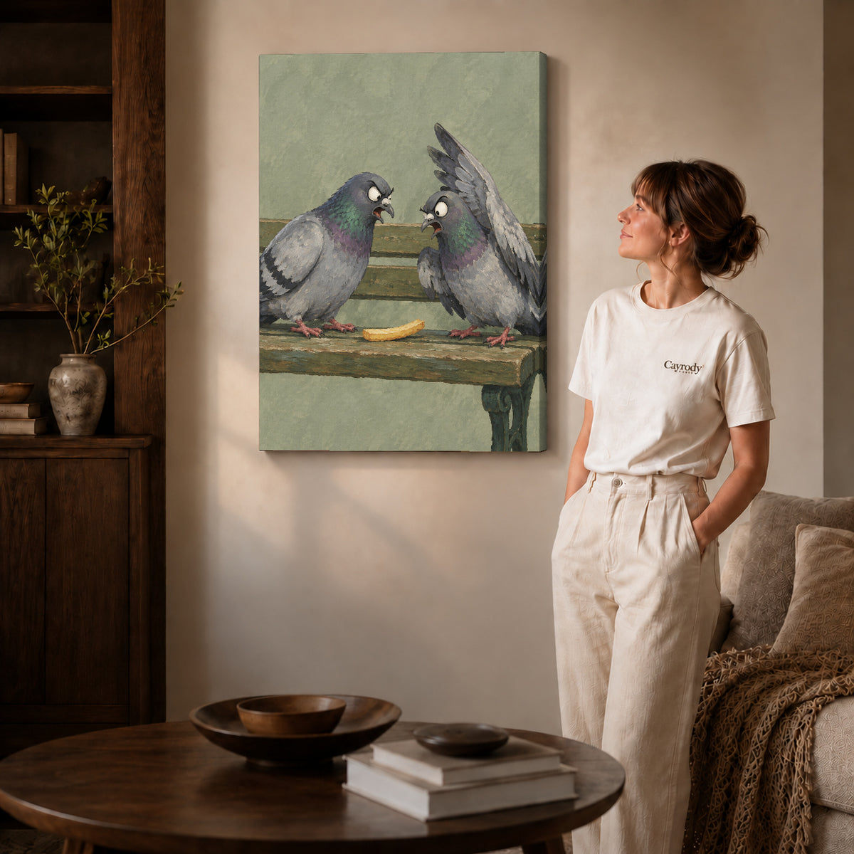 Gallery wrapped snack pigeons canvas art with visible canvas edges beside a standing woman.