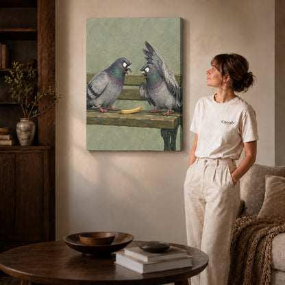 Gallery wrapped snack pigeons canvas art with visible canvas edges beside a standing woman.