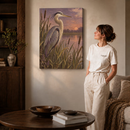 Marsh Heron canvas art displayed as gallery wrapped canvas beside a woman in natural light.