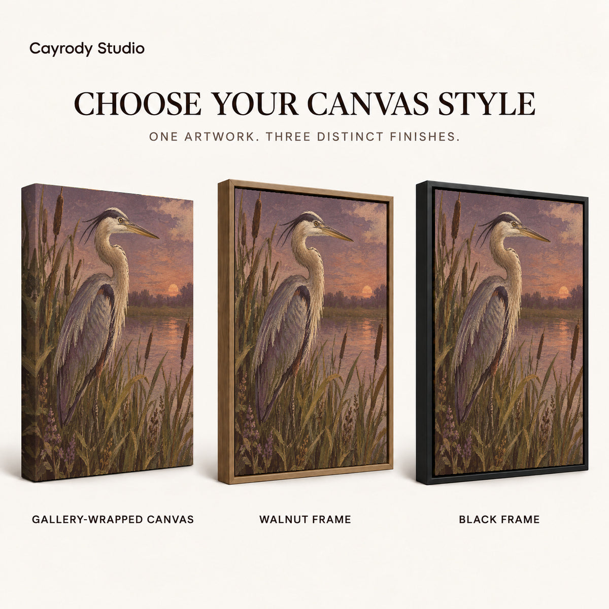 Marsh Heron canvas art comparing gallery wrapped canvas, walnut frame, and black frame finishes.