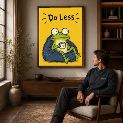 Resting Frog canvas art above a wooden console beside a seated man in a warm room.