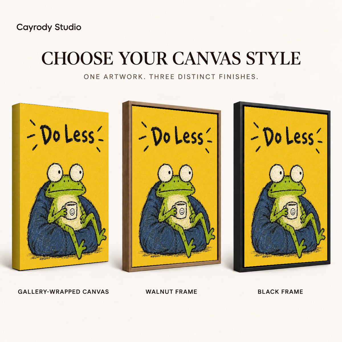 Resting Frog canvas art comparing gallery wrapped canvas, walnut frame, and black frame finishes.