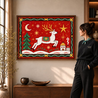 Festive Folk Reindeer canvas art in a walnut frame beside a standing woman and wooden console.