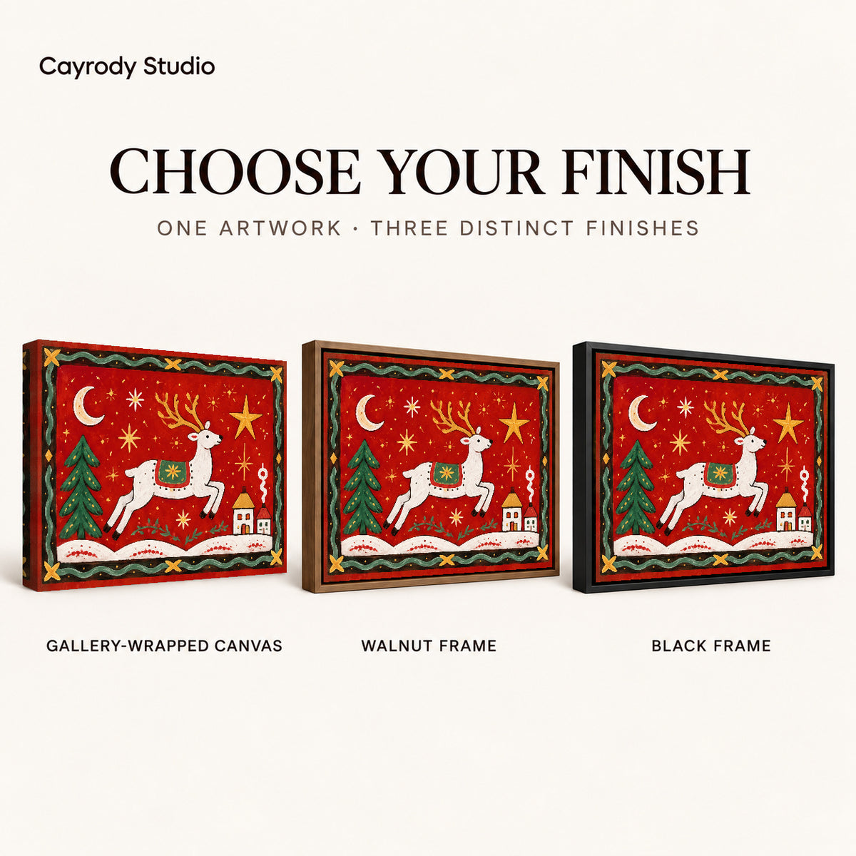 Festive Folk Reindeer canvas art comparing gallery wrapped canvas, walnut frame, and black frame finishes.