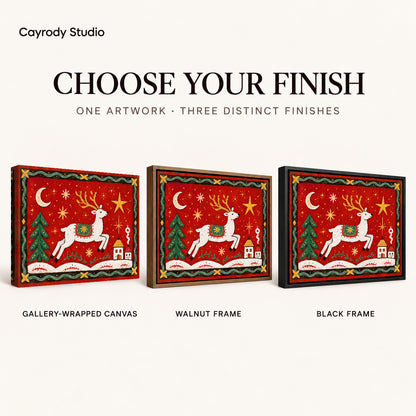 Festive Folk Reindeer canvas art comparing gallery wrapped canvas, walnut frame, and black frame finishes.