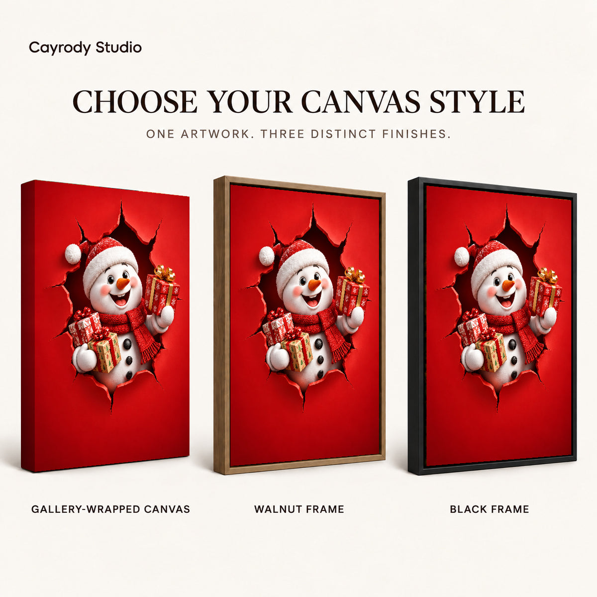 Gift Giving Snowman canvas art comparing gallery wrapped canvas, walnut frame, and black frame finishes.