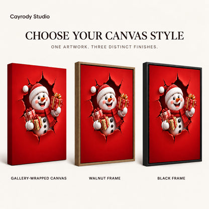 Gift Giving Snowman canvas art comparing gallery wrapped canvas, walnut frame, and black frame finishes.
