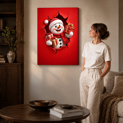 Gallery wrapped gift giving snowman canvas art with visible canvas edges beside a standing woman.