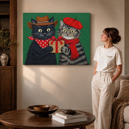 Holiday Gift Cats canvas art displayed as gallery wrapped canvas beside a woman in natural light.